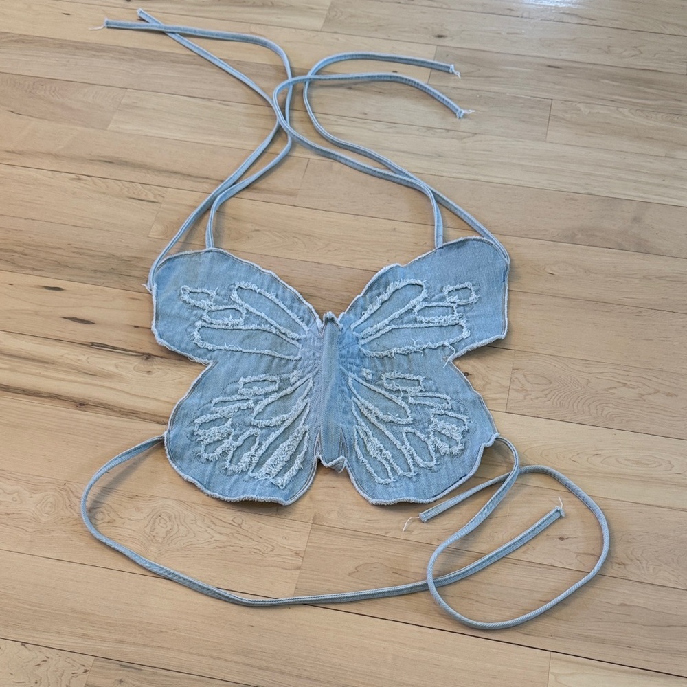 Y2K-inspired denim butterfly halter crop top-Festival-Concert-Boho